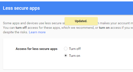 gmail less secure apps to enable smtp