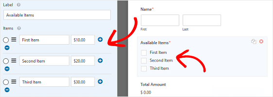 Available Items WPForms Billing / Order Form