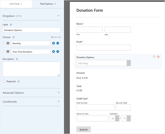 recurring payment form fields on donation form