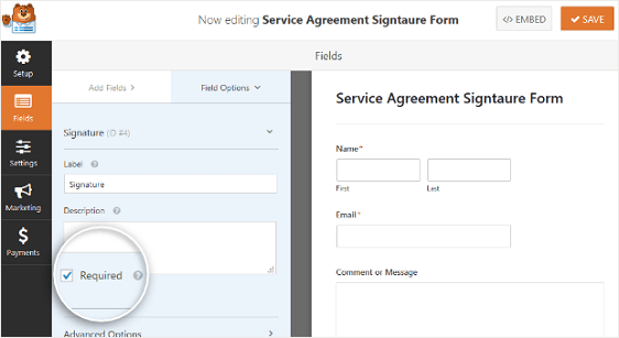 signature form field required setting