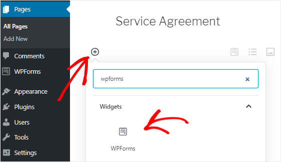 add WPForms block to page