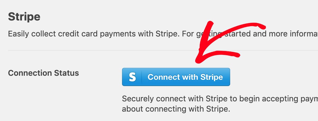 Fai clic sul pulsante Stripe Connect nelle impostazioni di pagamento di WPForms