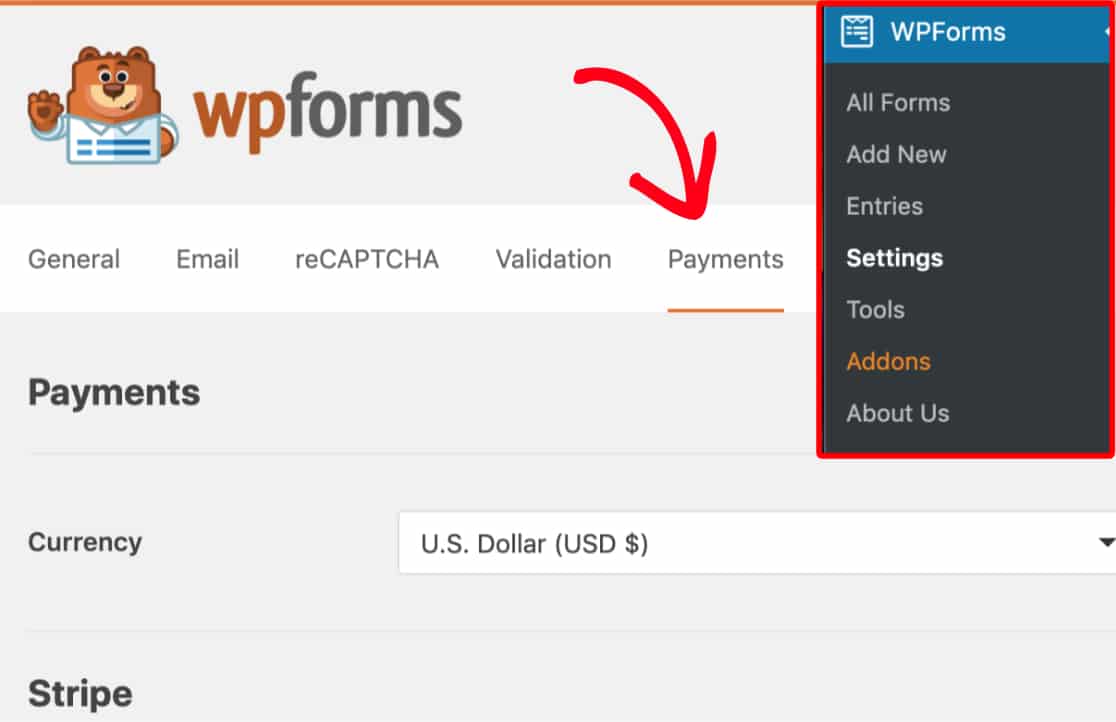 Open Payments tab of WPForms settings