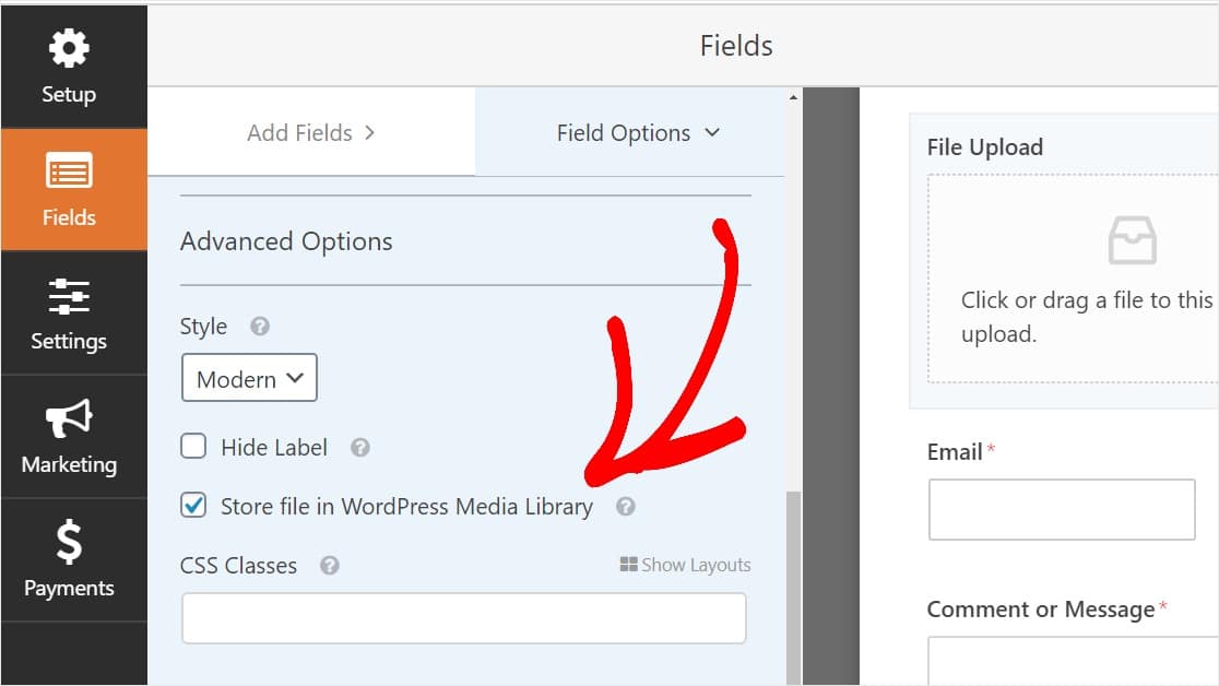 File Upload Form Field Settings