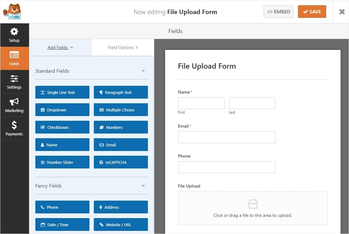 file upload form with file upload field template