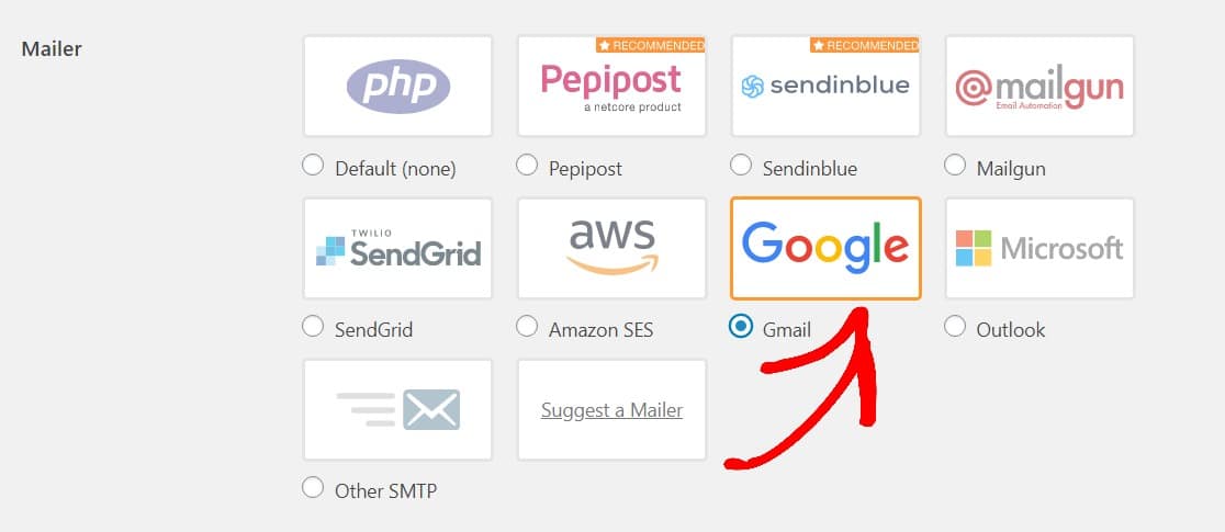 chọn tùy chọn google mailer trong WP Mail SMTP