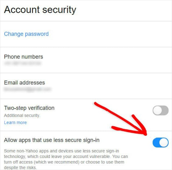 yahoo enable less secure app